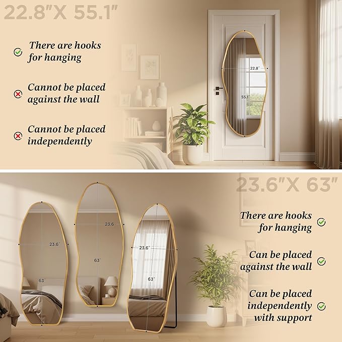 Dorlicecass Mirror Full Length - Irregular Full Body Mirror Standing or Leaning or Wall Hanging 63"x 24" Asymmetrical Aviation Aluminum Alloy Frame Unique for Bedroom, Living Room, Cloakroom, Entryway