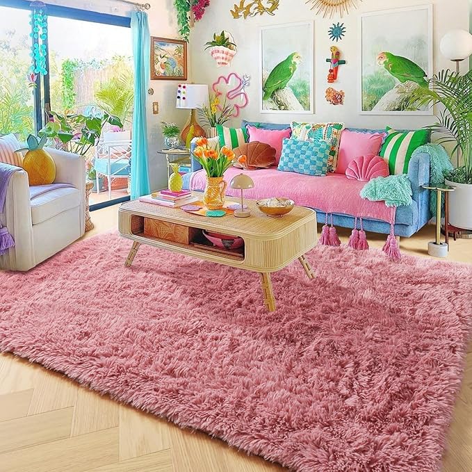 Amdrebio Blush Pink Area Rugs for Girls Bedroom, Fuzzy Furry Fluffy Kawaii Rugs for Kids Room Playroom, Shaggy Small Fur Plush Shag Carpet for Nursery Dorm Classroom, Cute Dusty Rose Mauve Rug 4x6