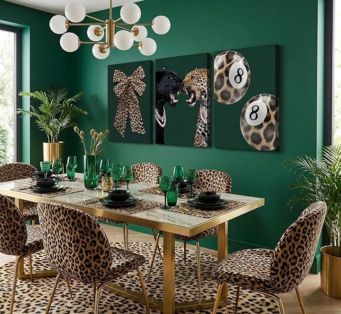3Pcs Trendy Leopard Canvas Wall Art Funky Lucky 8 Ball Pictures Wall Decor Cheetah Bows Preppy Aesthetic Posters Prints Paintings for Bedroom Dorm Living Bathroom Decoration Prepare To Hang