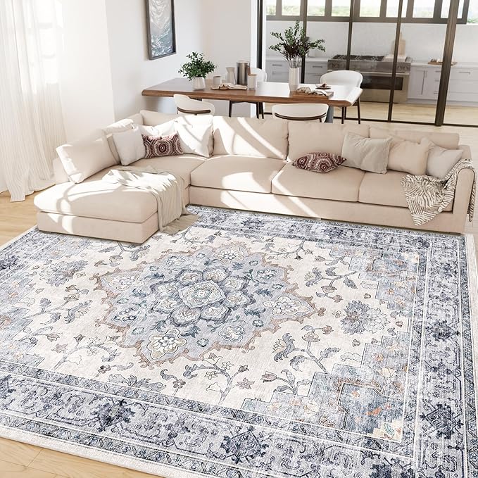 CAPALOCA Machine Washable Rugs Nursery Rug 4x6 Cute Girl Non Slip Low Pile Water Repellent Soft Print Pattern for Bedroom Indoor Decor Kids Playroom Blue White