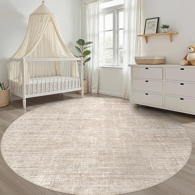 7ft Round Rug Living Room: 7x7 Washable Large Neutral Beige Circle Area Rug Abstract Soft Modern Stain Resistant Indoor Floor Non-Slip Carpet for Bedroom Nursery Kids Office Playroom Dining Room