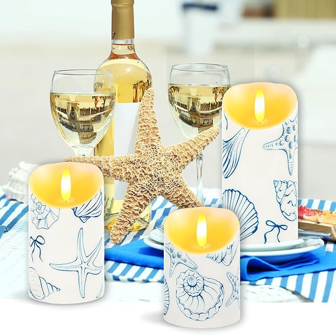 3 Pcs Blue Bow Starfish and Seashell Candles Operated LED Ocean Coastal Nautical Bow Starfish Seashell Printed Faux Candle for Under The Sea Summer Birthday Wedding Party Decor