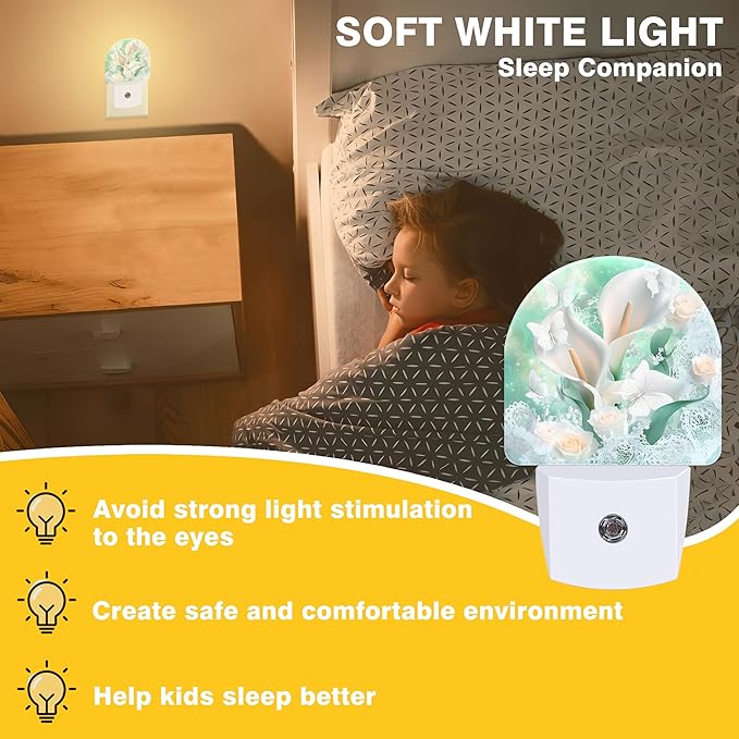 Night Light, White Calla Lilies Bouquet with Butterfly Night Lights Plug into Wall Dusk to Dawn Sensor Round Nightlight for Women Men Energy Efficient Led Lamp 0.5W for Stairway Hallway Bedroom