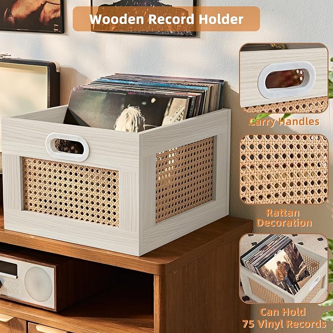 LELELINKY Vinyl Record Storage Crate, Rattan Vinyl Record Holder with Handle, Wood Record Crate for Vinyls Holder up to 75 LP's, Desktop Cube Album Storage for Vinyls Records(Grey White)