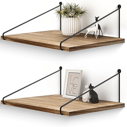 Afuly 12 Inch Deep Floating Shelves for Wall, Rustic Farmhouse Wall Mounted Hanging Shelf Large Wood Organizers Bookshelf, Set of 2