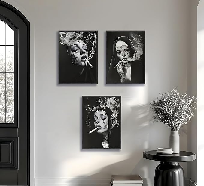 FJKLRP 3pcs Smoking Nun Wall Art Black and White Tattooed Woman Canvas Prints Poster Edgy Gothic Dark Aesthetic Wall Decor for Living Room Bedroom Studio Bar Unframed