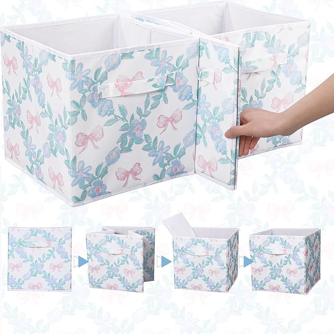 Geelin 6 Pcs Blue Floral Bow Cube Storage Bins 11 Inch Blue Flower Storage Basket with Handle, Preppy Girls Organizer Basket, Collapsible Fabric Box for Classroom Bedrooms Office Home Decoration Gift