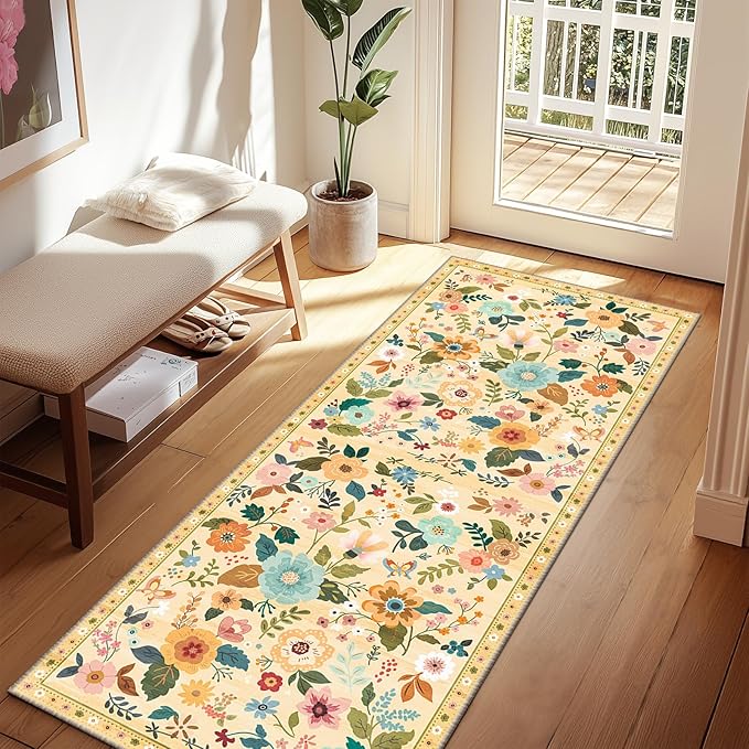 RELEANY Floral Nursery 2x8 Area Rugs Washable Print Boho Cute Carpet Non Slip Flower Low Pile for Living Room Kids Girls Playroom Bedroom Kitchen Office Farmhouse-Ivory/Yellow