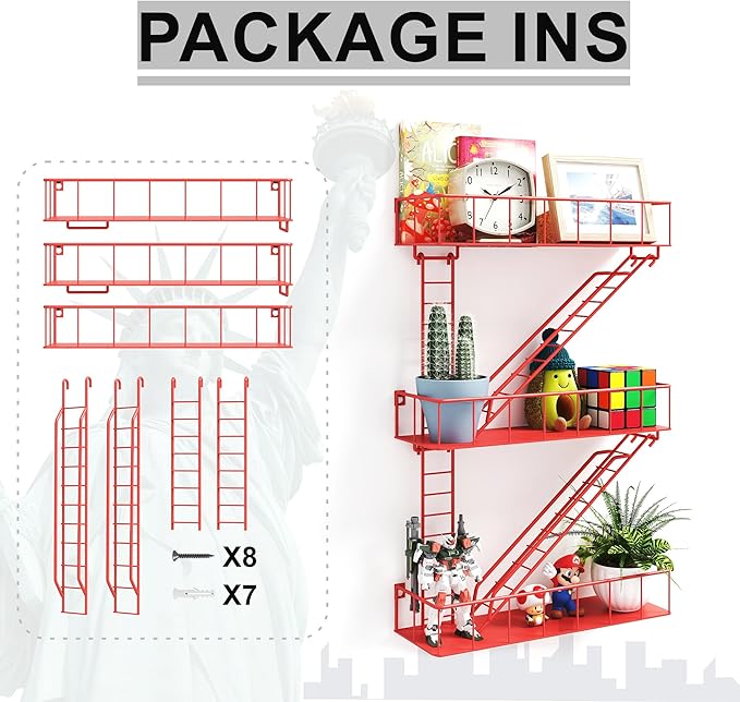 Red Metal Fire Escape Wall Shelf, Unique Decorative Shelves for Wall, New York Shelf Ladder Storage, Funky Knick Knack Shelf Organizer, Industrial Wall Shelves for Bathroom, Living Room