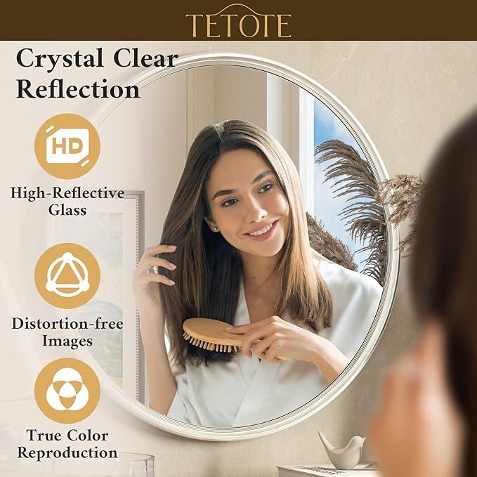 TETOTE Round Mirror 24 inch Brushed Nickel Mirror for Bathroom
