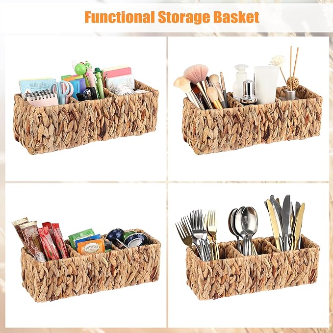 BTSKY Handwoven Remote Control Holder for Table, Natural Water Hyacinth Remote Control Caddy Small Wicker Storage Basket, 3-Compartment Office Supplies Desk Organizer Rustic Makeup Brushes Holder