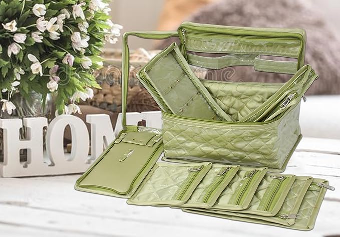 atorakushon Satin Transparent Makeup Pouches Case Cosmetic Necklace Earrings Jewellery Box Travel Organizer For Women Olive Green Set of 10