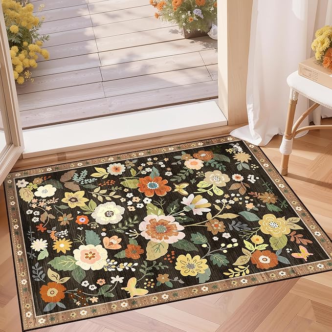 RELEANY Floral Nursery 2x3 Area Rugs Washable Print Boho Cute Carpet Non Slip Flower Low Pile for Living Room Kids Girls Playroom Bedroom Kitchen Office Farmhouse-Black/Yellow/Red