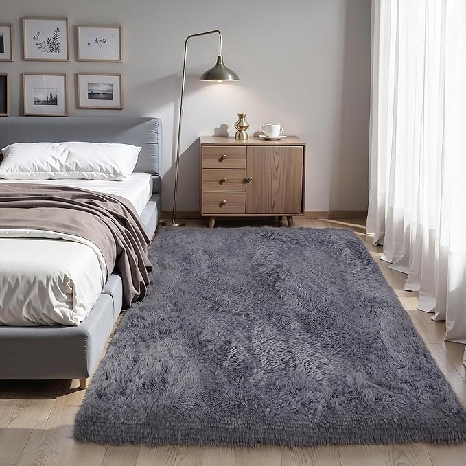 KICHOWUA Thick Area Rug Grey 6x9 Fluffy Shag for Bedroom Living Room, Ultra Soft Plush Fuzzy Washable Thickened Non Slip Floor Large Carpet, Modern Furry Shaggy Rug for Kids Baby Nursery Dorm Room