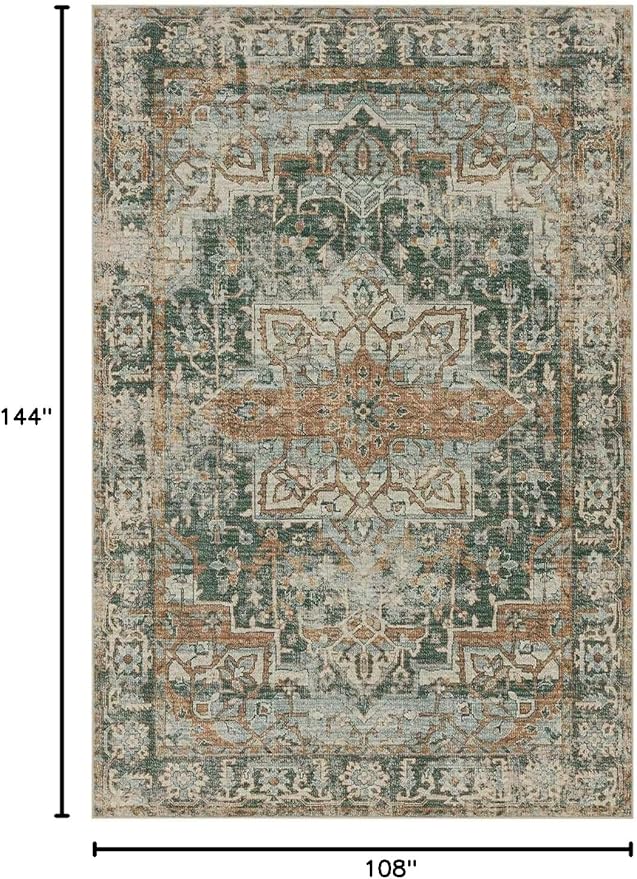 Rugxara 9x12 Area Rug for Living Room Bedroom, Extra Large Washable Rug, Green Vintage Retro Boho Rug, Non Slip & Low Pile Faux Wool Carpet for Indoor Dining Room and Kids Room(Green/Brown 9x12ft)