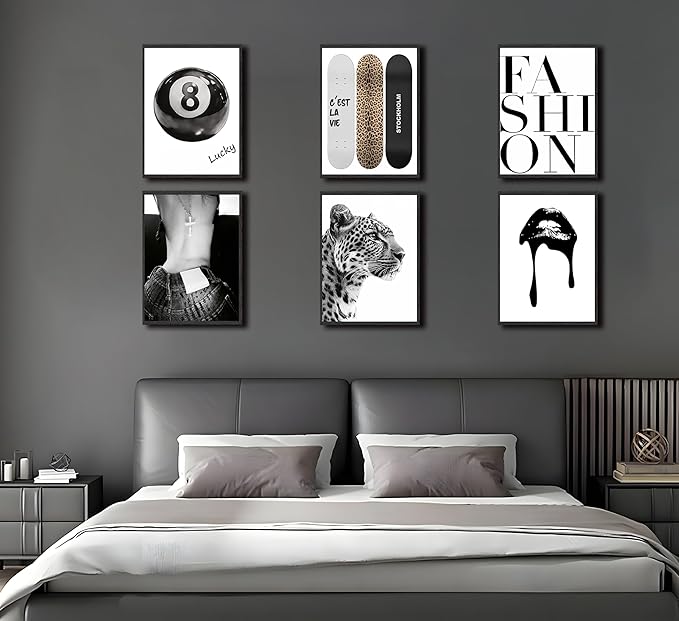6 Piece Fashion Trendy Leopard Wall Art Black White Aesthetic Cheetah Posters Prints Lucky 8 Ball Lips Canvas Paintings for Girls Room Bedroom Apartment Dorm Decoration Unframed