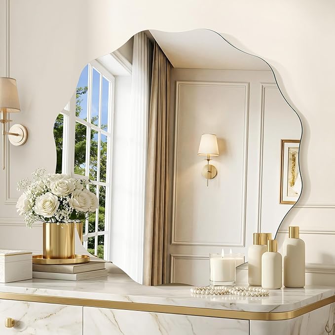 CILIBER Frameless Wavy Round Mirror, 28'' Scalloped Circle Wall Mirror, 3mm Tempered Glass Decorative Bathroom Vanity Mirror, Mounting/Leaning for Mantel, Living Room, Bedroom and Entryway