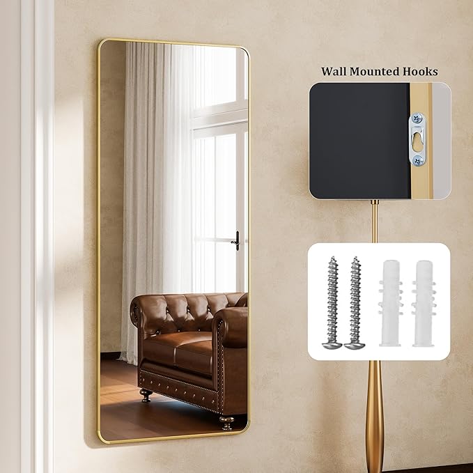 Gold Full Length Mirror 26 x 71 Inch Nano Floor Mirrors with Stand Rounded Corner Full Body Mirrors with Aluminum Alloy Frame for Bedroom Living Room Checkroom