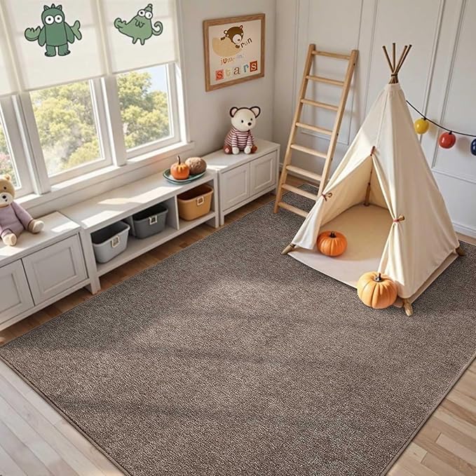 FinRèc 8x10 Washable Area Rugs for Bedroom Living Room, Low Pile Thin Rug Solid Color, Non-Slip Carpet Indoor for Home Decor (Brown/White)