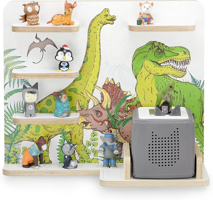 stadtecken Wooden Shelf for Music Box I Suitable for The Toniebox and Tonies I Perfect Storage in The Children's Room I for Setting up or Hanging (Dinomania, Medium)