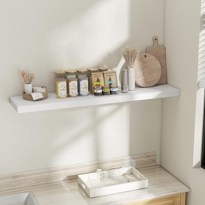 Fun Memories 55 Inch Fireplace Mantel Shelf, 12 Inch Deep Shelves for Display & Wall Storage, Rustic Wood Wall Shelf, Extra Long Floating Shelves for Bathroom Bedroom Living Room, White, 1 Pack