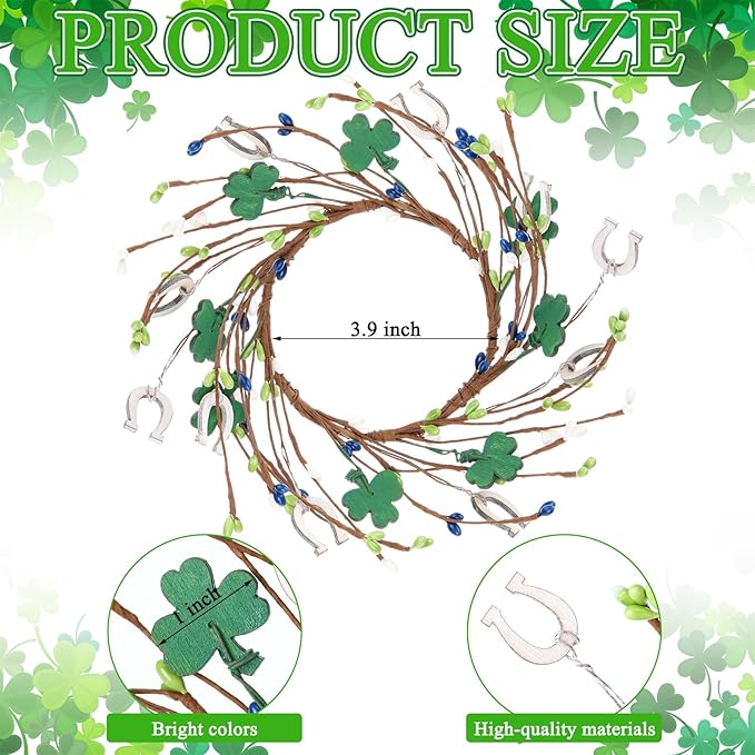 Daifunli 2 Pcs St. Patrick's Day Candle Ring Shamrocks Rings Wreaths Vintage Clover Berries Wreaths for Pillar 3.9 Inch Candles Holder for St. Patrick's Day Irish Rustic Table Centerpiece Decor