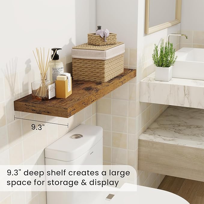 Fun Memories 9.3Inch Deep Floating Shelves for Wall, 32 Inch Rustic Wood Wall Mounted Shelves for Bathroom, Bedroom, Kitchen, Deep Floating Shelf for Storage & Home Decor (Brown, Set of 2)