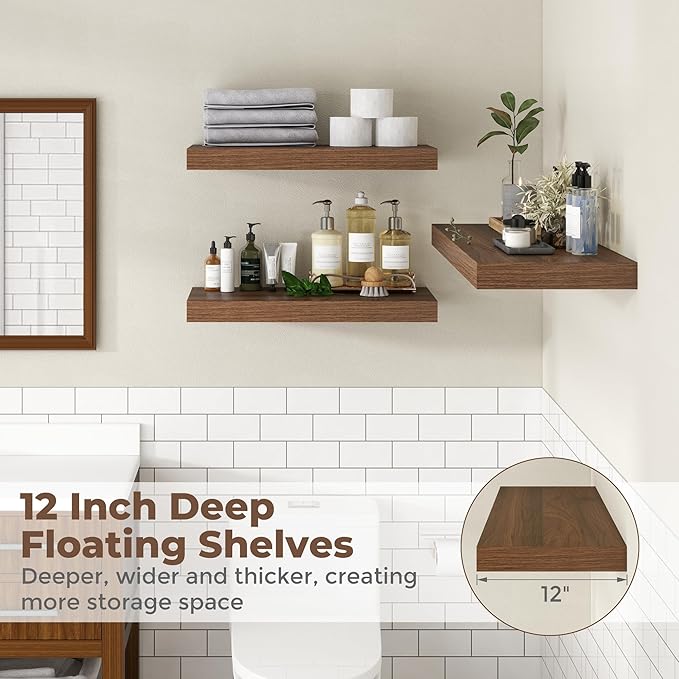 32 Inch Walnut Floating Shelves for Wall, 12 Inch Deep Shelves for Bathroom|Kitchen|Bedroom, Wall Mounted Rustic Wood Floating Shelf with Invisible Brackets for Books|Storage|Decor, 2 Pack