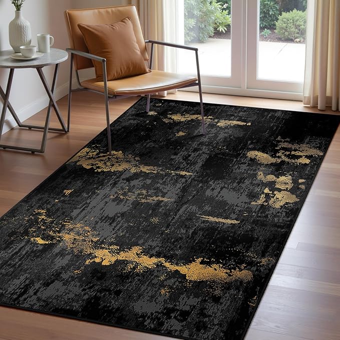 RELEANY Washable Area Rugs 3'x5' Non-Slip Modern Abstract Soft for Living Room Entryway Bedroom Nursery, Print Pattern, Dark Black Gold