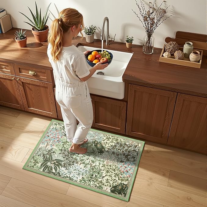 GarveeHome 2x3 Entryway Area Rug Non Slip Front Door Forest Rugs, Washable Indoor Kitchen Floor Mat Soft Low-Pile Stain Resistance Woodland Rug for Farmhouse Bedroom, Beige Green