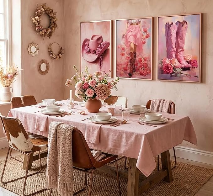 3Pcs Pink Cowgirl Canvas Wall Art Funky Cowgirl Boots Posters Prints Paintings Western Flower Boots Hat Aesthetic Pictures Wall Decor for Preppy Room Bedroom Apartment Decoration Unframed