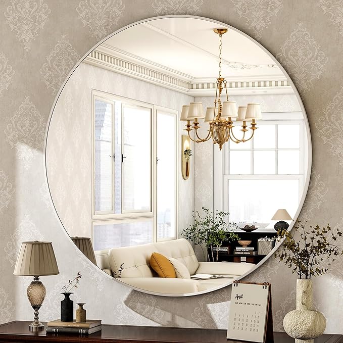 HARRITPURE Round Mirror 30" White Wall Mounted Circle Mirrors Vanity Mirror with Brushed Aluminum Alloy Frame Modern Decoration for Bathroom, Living Room, Vanity, Bedroom, Entryway