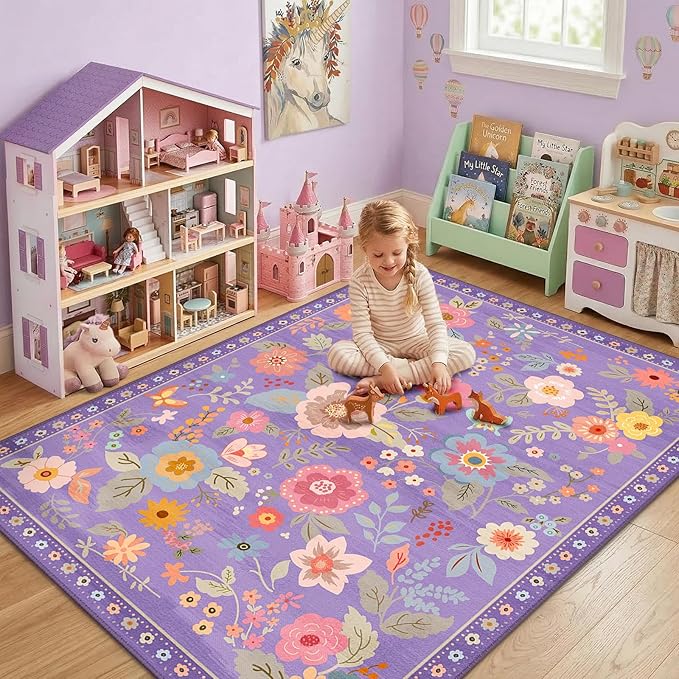 RELEANY Floral Nursery 5x8 Area Rugs Washable Print Boho Cute Carpet Non Slip Flower Low Pile for Living Room Kids Girls Playroom Bedroom Kitchen Office Farmhouse-Purple/Pink/Multi