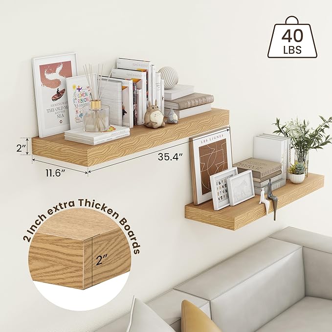 FLYJOE Deep Floating Shelves | 36 Inch Oak Floating Shelves Set of 2 | 12 Inch Deep Rustic Wood Shelves for Wall | 36" W x 12" D Oak Shelves for Living Room Bathroom Laundry Room Kitchen