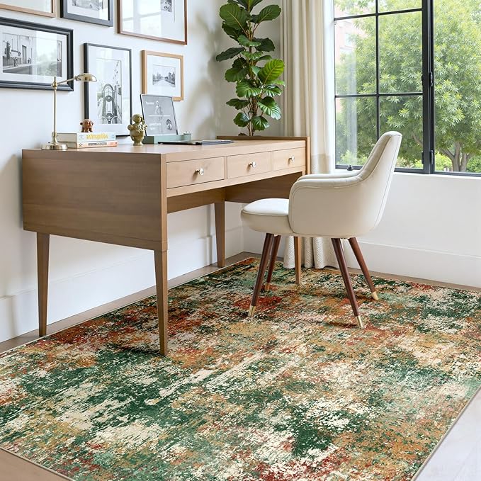 RELEANY Washable Area Rugs 6'x8' Non-Slip Modern Abstract Soft for Living Room Entryway Bedroom Nursery, Print Pattern, Green Orange Rust Red Cream Colorful