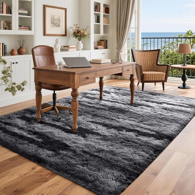 4x6 Feet Area Rugs for Bedroom, Black and Silver Plush Fluffy Shaggy Living Room Rugs Non-Slip, Ultra Soft Carpet for Nursery Kids PlayRoom Dorm Office Indoor