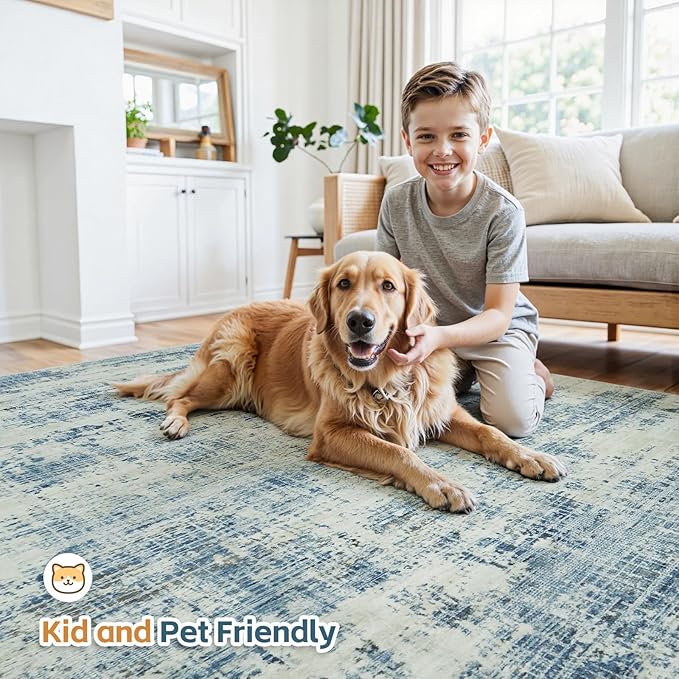 8x10 Area Rugs for Living Room Washable Rug: Anti-Skid Abstract Modern Living Room Rug Soft Thin Carpets Indoor Floor Non-Shedding Carpet for Bedroom Dining Farmhouse Nursery Blue Gray Gold