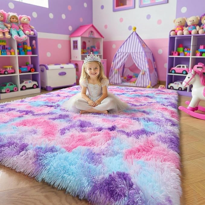 Amdrebio Hot Pink Rainbow Area Rug for Girls Bedroom 8x10, Large Fluffy Cute Fuzzy Colorful Pastel Kids Rugs for Nursery Playroom Classroom, Big Shag Princess Carpet for Baby Toddler Teen, Home Decor