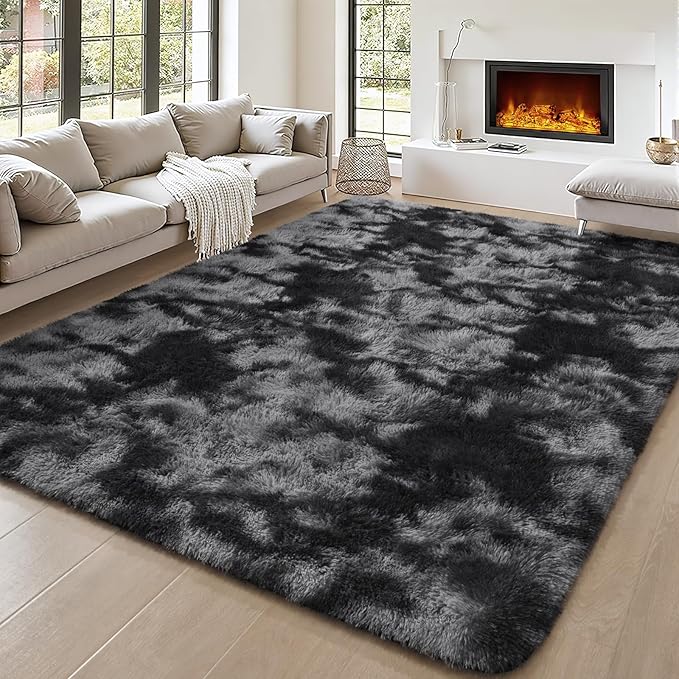 BENRON Fluffy Tie-dye Black Rugs for Living Room Bedroom 4x6, Soft Plush Fuzzy Shaggy Rugs for Kids Girls Boys Room Decor, Washable Indoor Floor Carpets