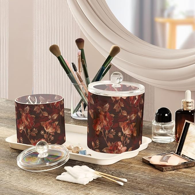 Reddish-brown Vintage Flowers Clear Plastic Makeup Organizer Storage with lid Pantry Essentials Decorative Dental floss storage jar for Cotton Swabs,Cotton Pads,Floss Picks,Paper Clips,Hair