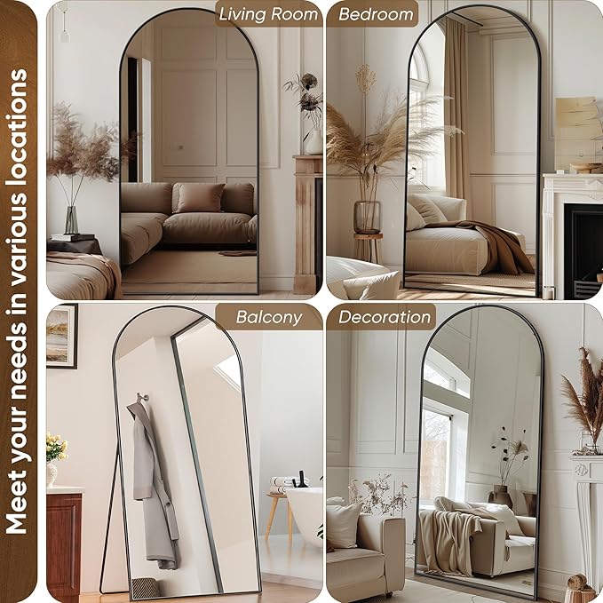 Antok Full Length Mirror, 71"x32" Floor Mirror with Stand, Hanging Mounted Mirrors for Bedroom, Living Room, Cloakroom, Dining Room, Black, Arched