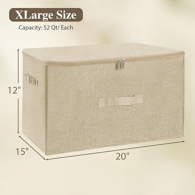 ANMINY 3PCS Storage Bins with Zipper Lids 51.9 Qt Lidded Fabric Storage Boxes Baskets Cubes with Handles Collapsible Washable Cotton Linen Closet Shelf Clothes Organizer - Beige, Extra Large