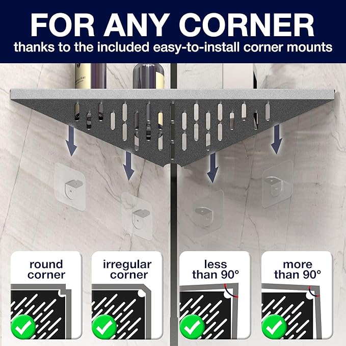 Corner Caddy Bathroom Shower Shelf - Adhesive / Drill / No Drill Shelves - 16" Strong Corner Silver Floating Shower Shelves - Triangle Shelf Bathroom Shower for Inside Shower, Tiled Wall, Caddies