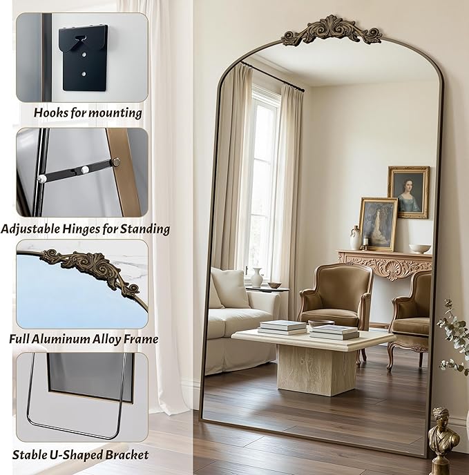 Vintage Full Length Mirror,72"x44" Arched Antique Floor Mirror with Carved Metal Frame,Large Standing Wall Mounted or Leaning Mirror for Bedroom Living Room Entryway,Bronze