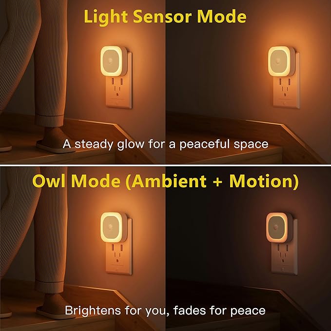 YUNLEX 2 Pack Plug in Night Light with Motion Sensor & Dusk to Dawn Sensor, 3 Sensor Modes, Dimmable Night Lights Plug into Wall, Amber Nightlight for Sleep, Bathroom, Bedroom, Indoors, Kids