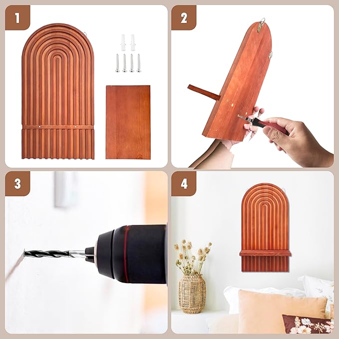 2 Pieces Boho Wall Shelf, Mid Century Shelves, Decorative Storage Unit, Decorative Bohemian Rainbow Hanging Shelves for Bathroom, Bedroom, Kitchen, Living Room, Laundry Room (Brick-Red)