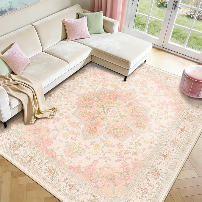 CAPALOCA Machine Washable Rugs Nursery Rug 8x10 Cute Girl Non Slip Low Pile Water Repellent Soft Print Pattern for Bedroom Indoor Decor Kids Playroom Pink Green