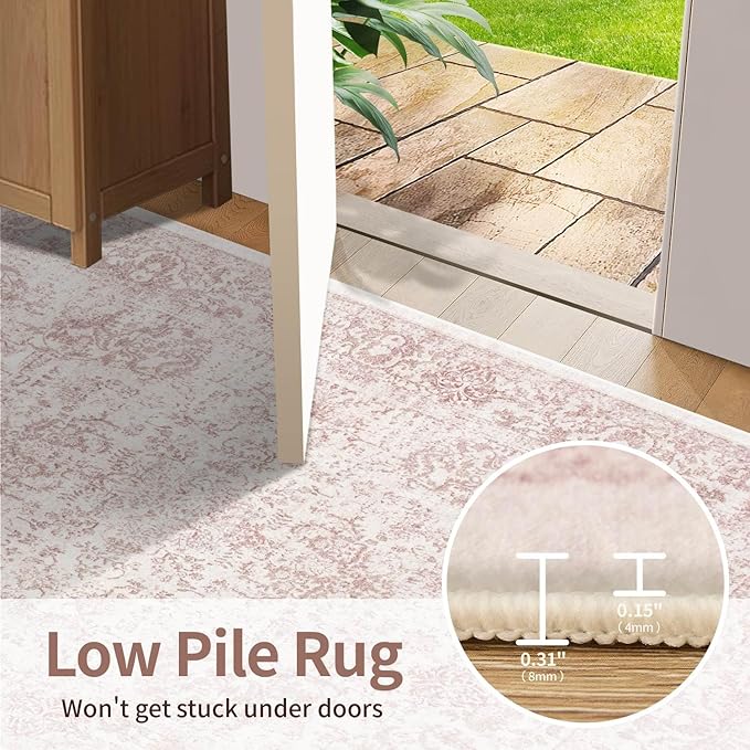 Rugxara 5x7 Washable Area Rug for Living Room & Bedroom, Large Light Pink Rugs for Women, Non Slip, Durable Low Pile Carpet, Vintage Carpets for Office, Dining Room, Kids Room and Farmhouse