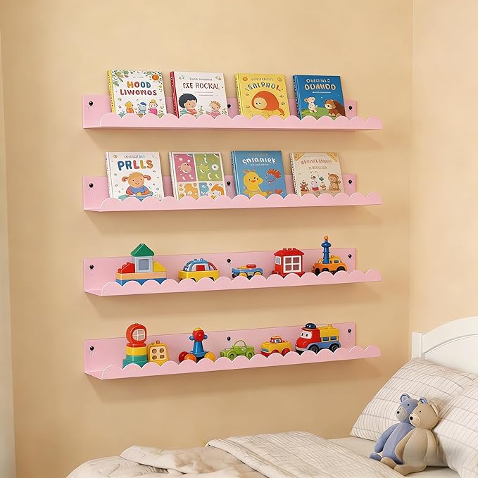 24 Inch Nursery Book Shelves Set of 4, Pink Metal Floating Shelves for Wall, Scalloped Cloud Book Shelf for Kids Room, Bathroom, Bedroom, Playroom Wall Decor & Storage