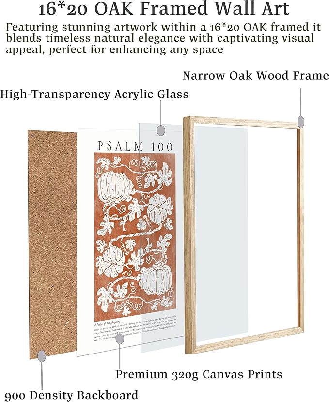 EcoHest Fall Botanical Pumpkins Framed Wall Art, Large 16x20 in OAK Wood Christian Psalm 100 Canvas Wall Art, Beige Logs A Psalm of Thanksgiving Home Decor Set of 1 for Bedroom Living Room